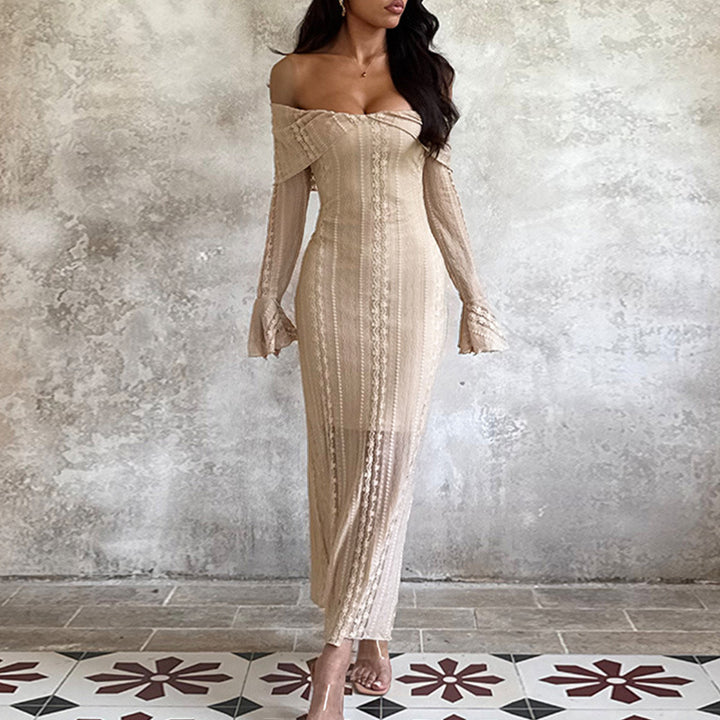 Kvinders elegante off-shoulder kjole med figursygt design og knælang