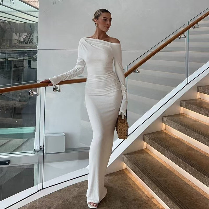 Damer elegant One-Shoulder Maxikjole med figurskænkende rynkning Skovae