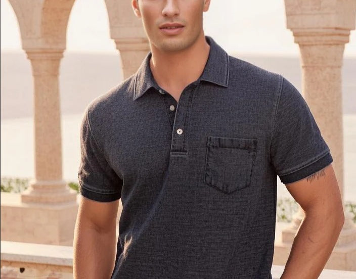 Herrers poloshirt med knaplukning og fint denim-look Stilla