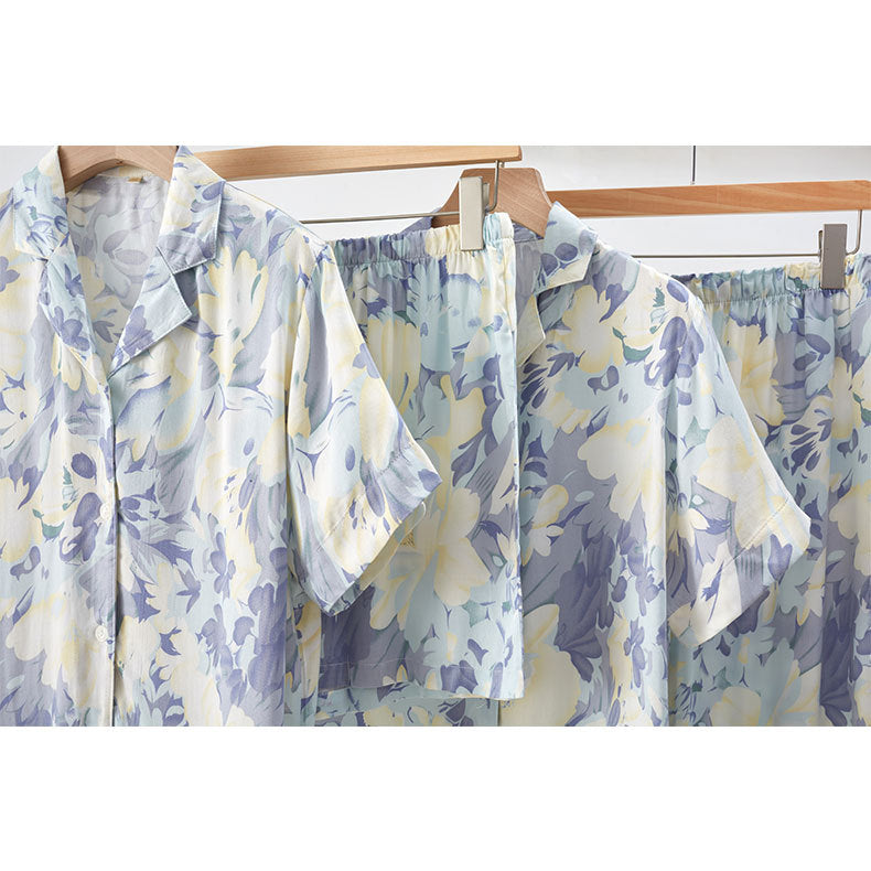 Dame Satin Pyjamas Sæt med blomster Mønstre og behagelig Pasform Stilla