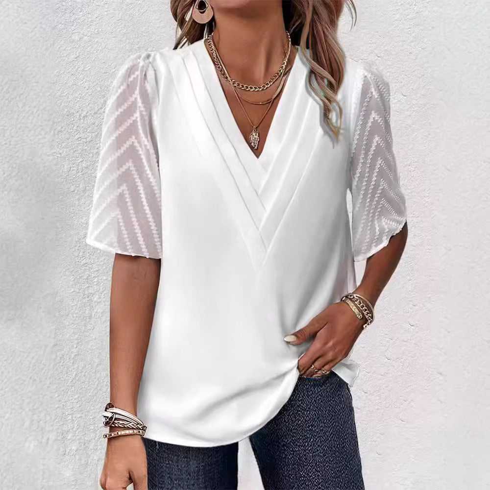 Damer nan elegant chiffon top med plisseret V-udskæring og gennemsigtige zigzagærmer Skovae