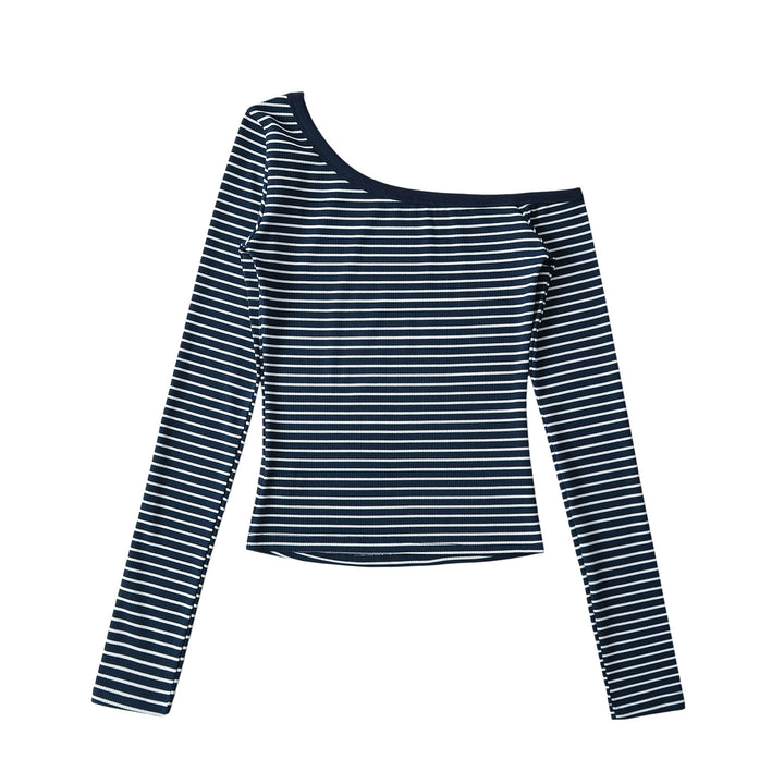 Dame asymmetrisk langærmet skjorte med maritimt stribemønster og off-shoulder design Stilla