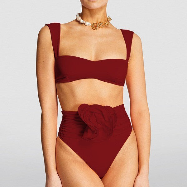 Femme Højskåret Floral Bikini Sæt med Foldet Blomster Detalje Stilla