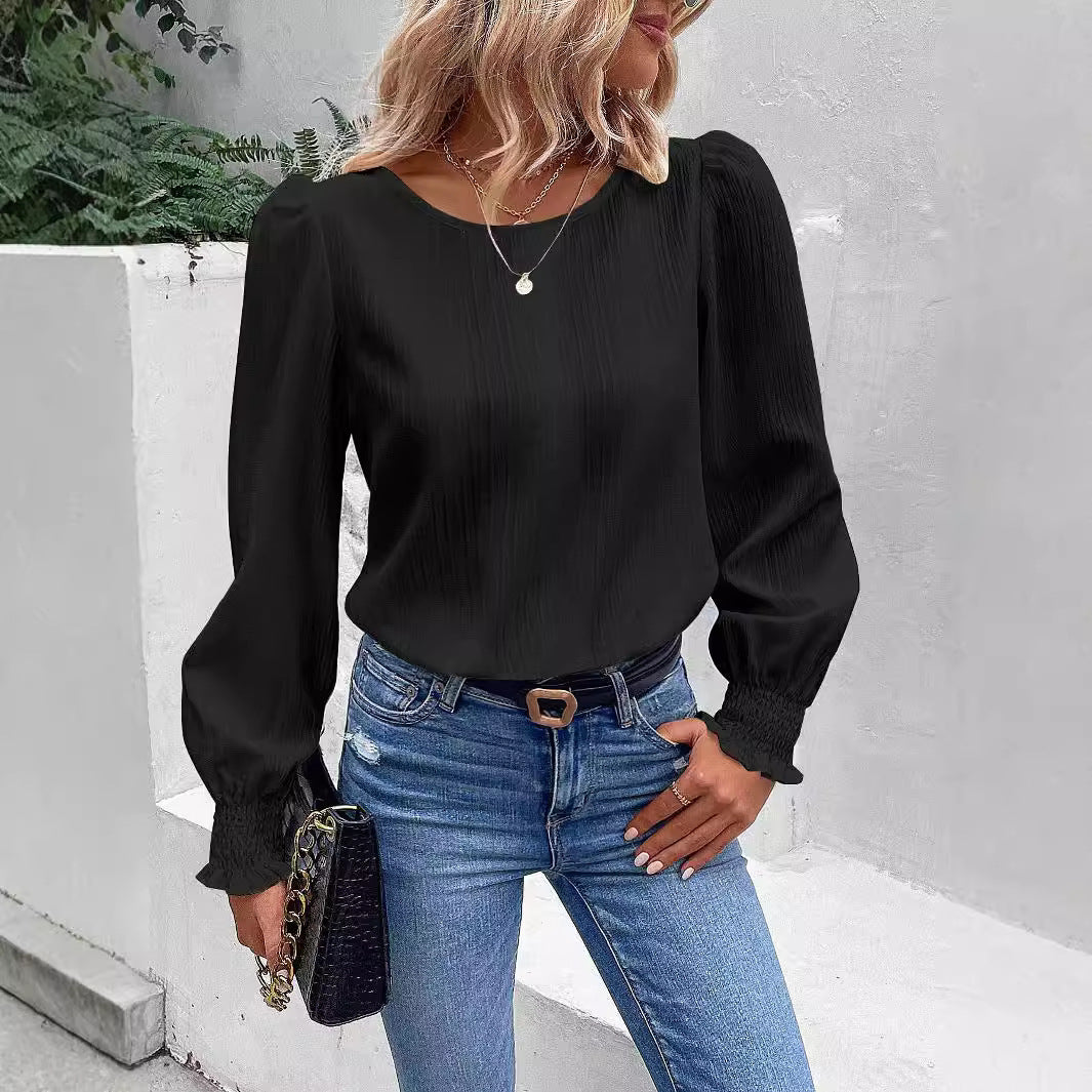 Damer elegant bluse med ribstruktur og puffærmer Stilla