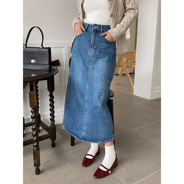 Dames Lang Denim Nederdel med Fashionable Lommer Stilla