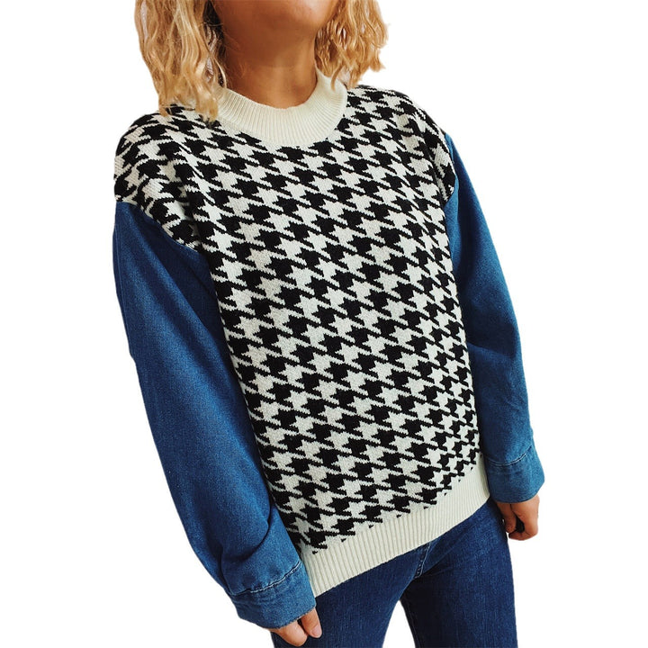 Dame casual sweater med moderne houndstooth mønster og denim ærmer Stilla