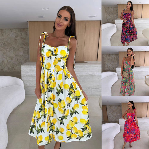 Dame Floral Print Midi Kjole med Ruffles Stropper Stilla