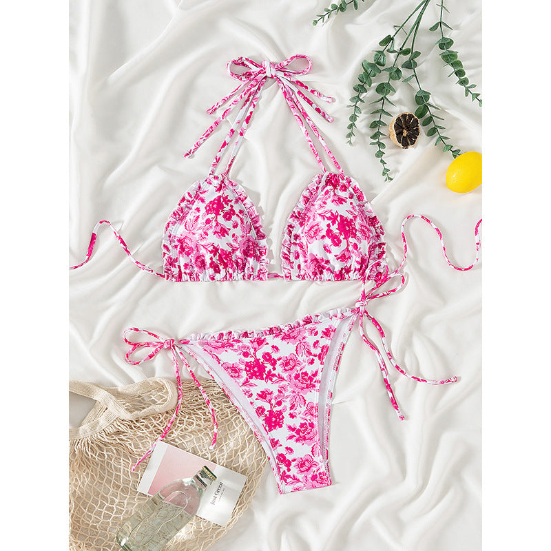 Femme Rynkede Floral Triangel Bikini Sæt Stilla