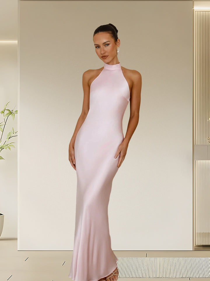 Damer Elegant Satin Maxi Kjole med Høj Krave og Tætsiddende Pasform Skovae