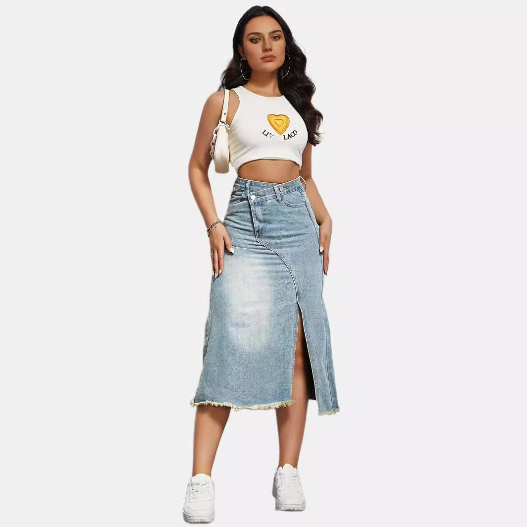 Dame midi jeans nederdel med høj talje og stilfuldt frynsekant