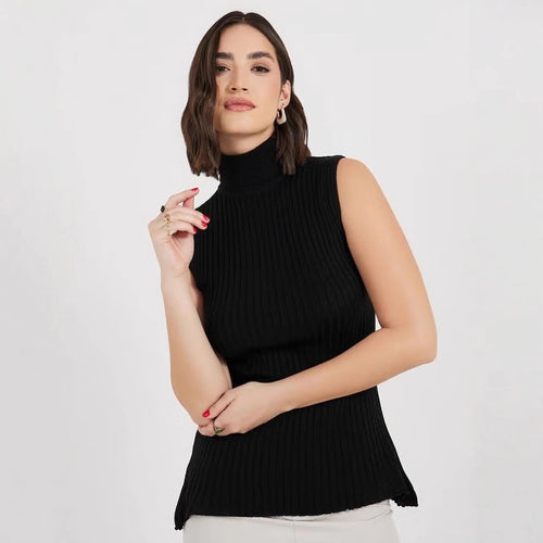 Dame rullekrave sweater uden ærmer med lodret ribmønster Skovae