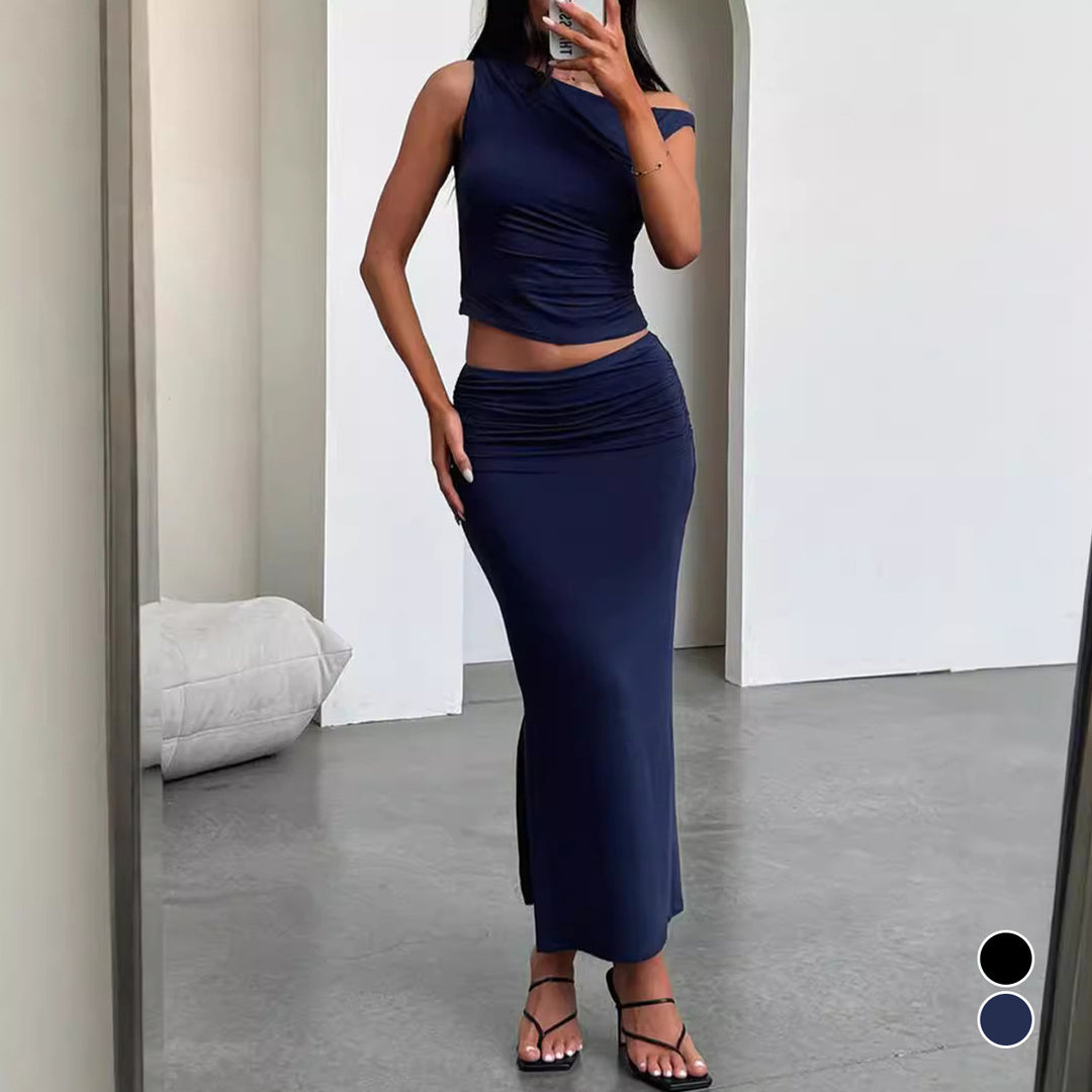 Dame sæt bestående af off-shoulder top og maxiskørt i ruched design Skovae