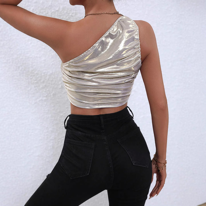 Dame asymmetrisk metallic top med glitrende accenter Stilla