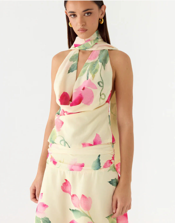 Damer Elegant chiffon-top med blomsterkrave og dyb udskæring Skovae