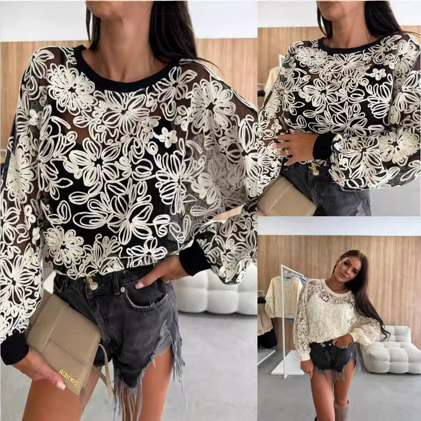 Dame broderet bluse med gennemsigtige ærmer Stilla