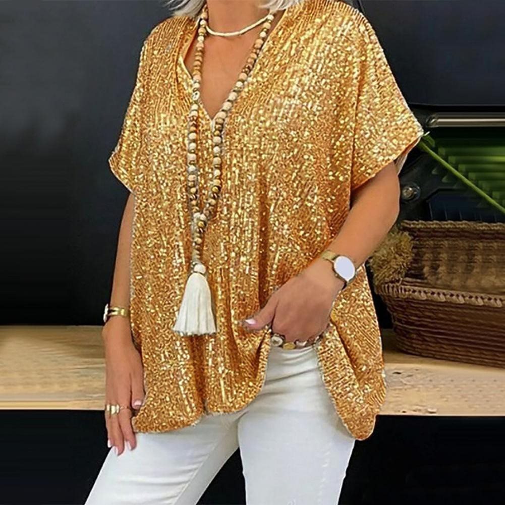 Dame Glitrende Oversized-T-Shirt med V-Udskæring Stilla