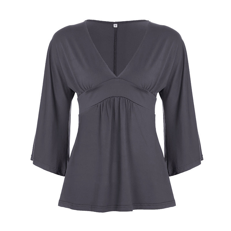 Damer Elegant V-udskæring bluse med brede ærmer Skovae