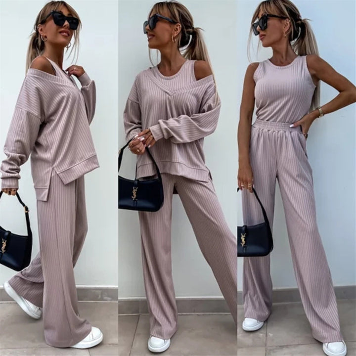Kvinders afslappede lounge sæt med off-the-shoulder top og brede bukser Skovae