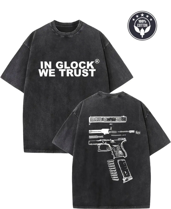 Dame T-shirt med grafisk gun-design og vintage-effekt Stilla