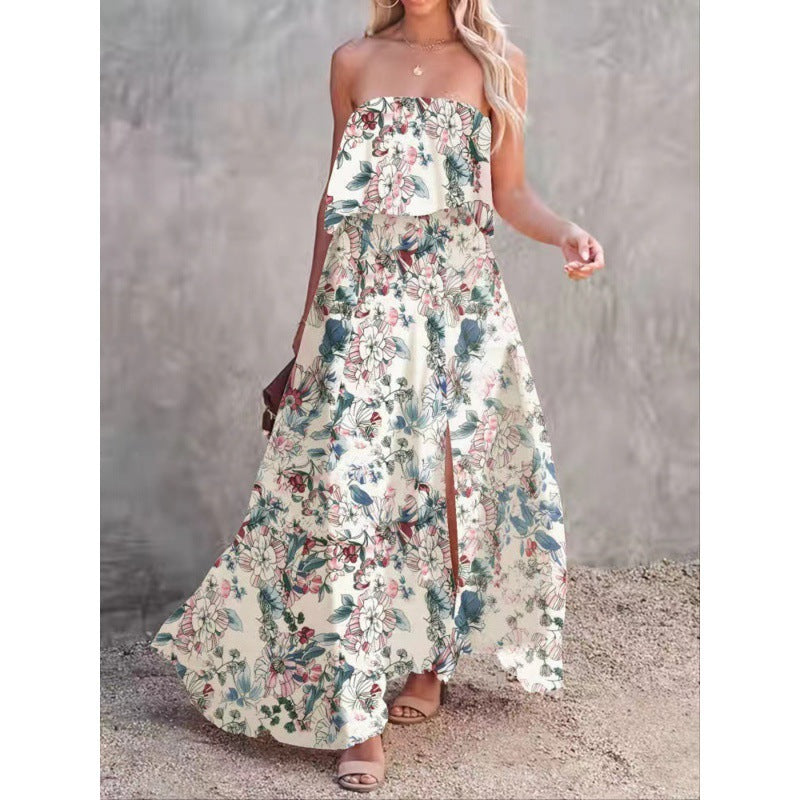 Kvinder Strapless Floral Maxi Kjole med Side Slids Stilla