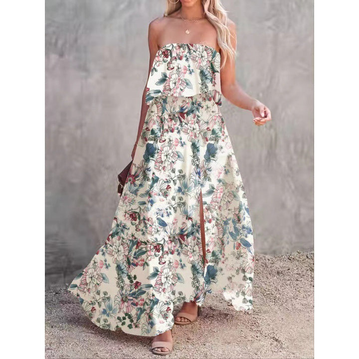 Kvinder Strapless Floral Maxi Kjole med Side Slids Stilla