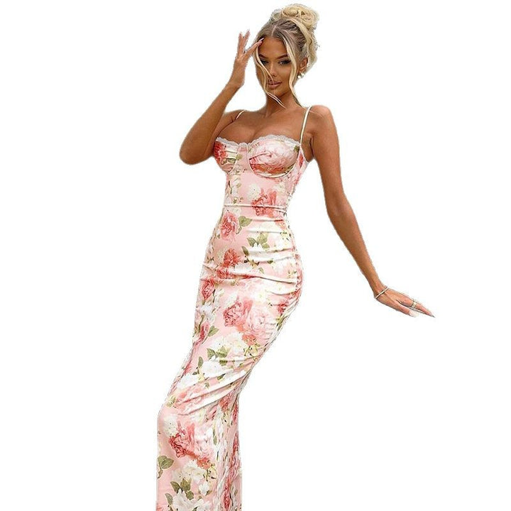 Dame Floral Satin Maxi Kjole med elegant Rundhalsudskæring Stilla