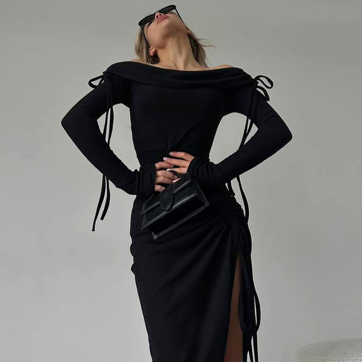 Dame Off-Shoulder Kjole med Flæsedetaljer og Rynk Stilla