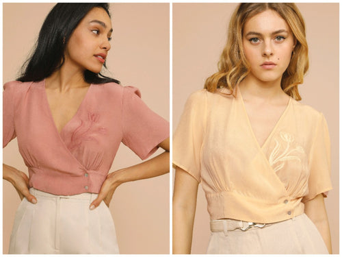 Dame Wrap-bluse med fin broderi Stilla