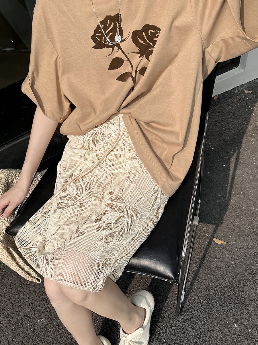 Dame Midi-nederdel med blomsterbroderi og elastisk liv Stilla
