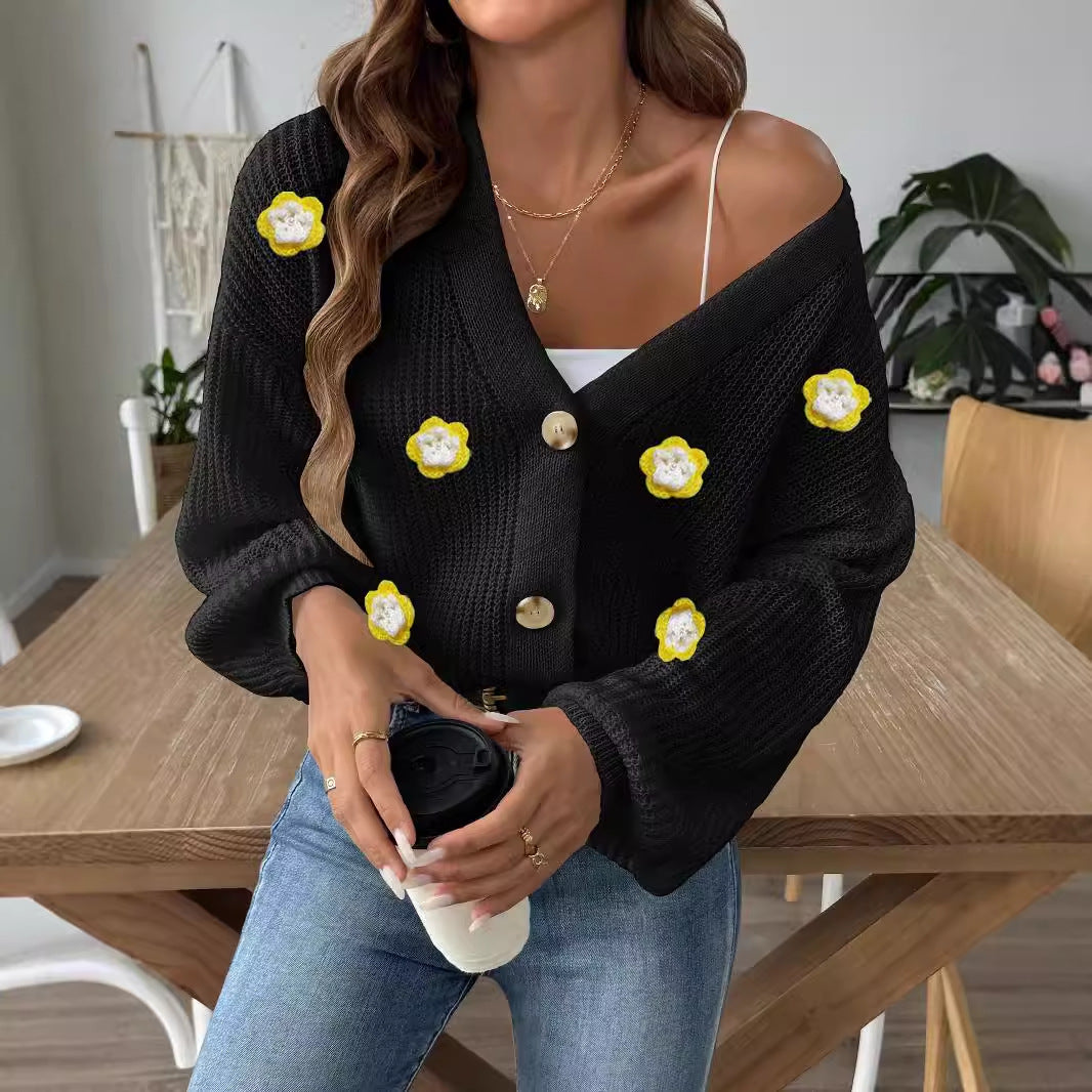 Damer moderigtig strik-Cardigan med innovativt blomstermotiv og ballonærmer Stilla
