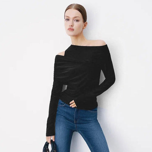 Dame moderne asymmetrisk top med draperet design Stilla