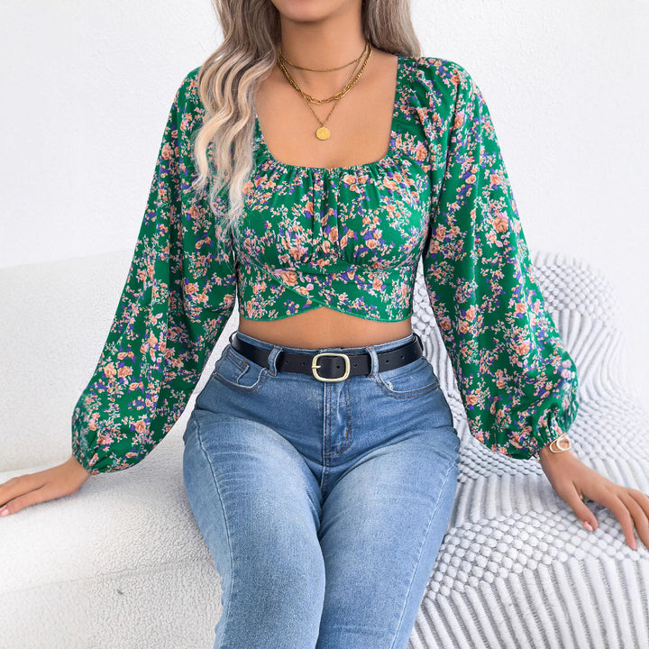 Dame Kort Bluseoverdel med Blomsterprint og Puffærmer Stilla
