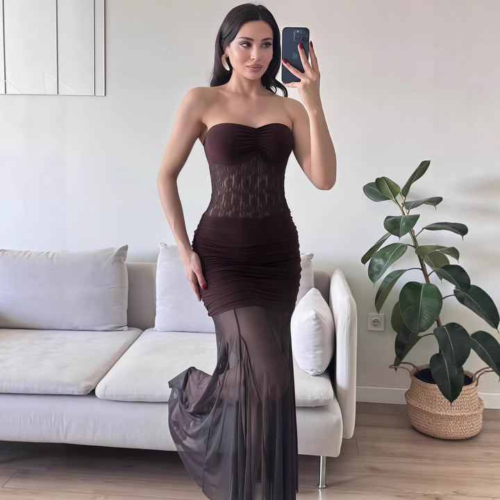 Dame Elegant gulvlangt kjole med spidsdetaljer Skovae