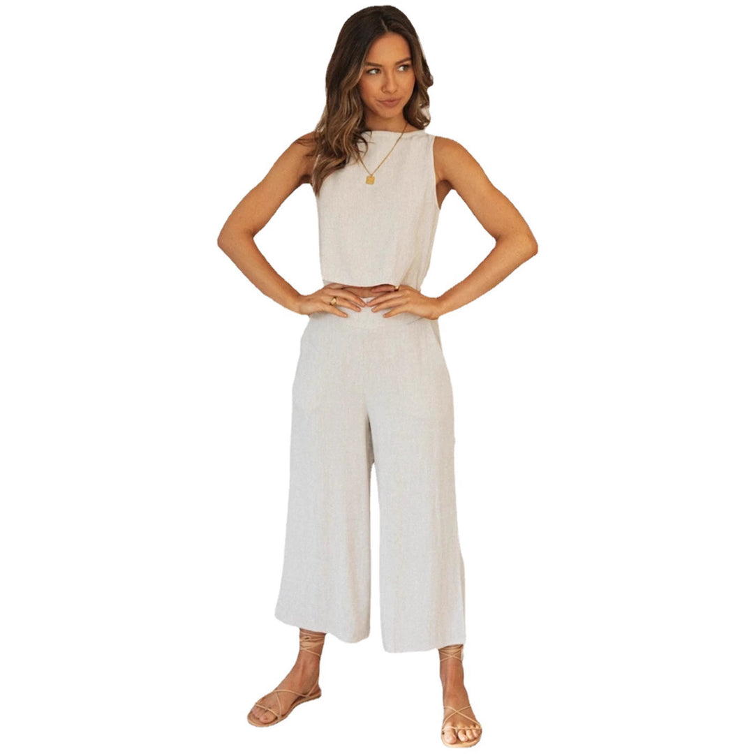 Kvinders afslappede to-delssæt med cropped top og brede bukser stil Stilla