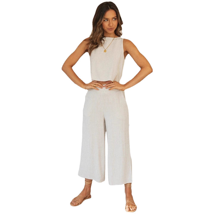 Kvinders afslappede to-delssæt med cropped top og brede bukser stil Stilla