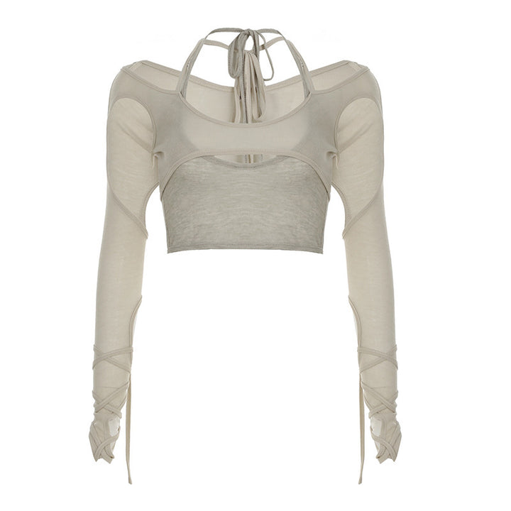 Dame Crop-Top med raffinerede ruffles detaljer og langærmet design Skovae
