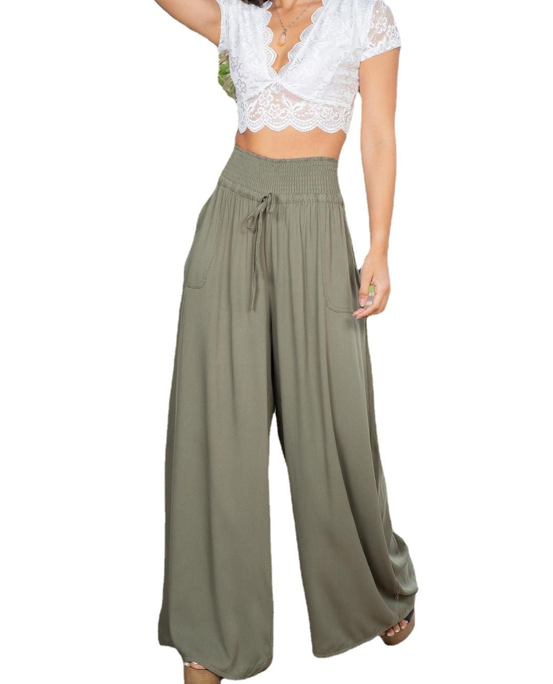 Dame brede Palazzo-bukser i afslappet snit med elastisk talje og lommer Stilla