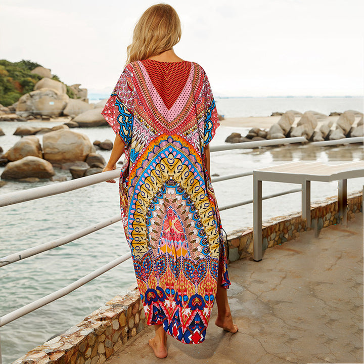 Dame Strandkaftan med farverigt mandala-design og vid snit Stilla