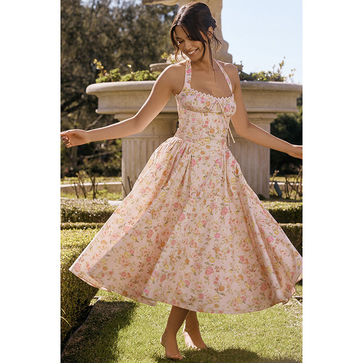 Dame Vintage Floral Halterhals Midi Kjole Stilla