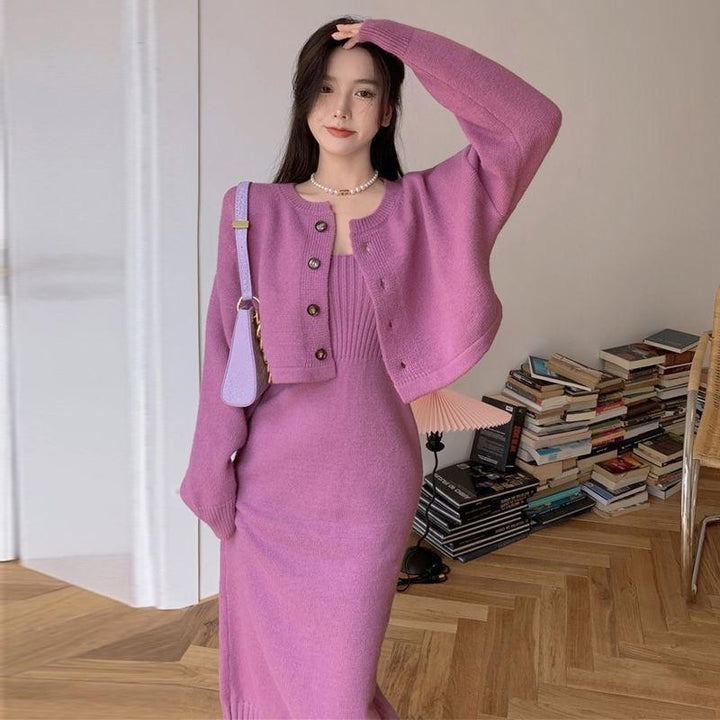 Femme Cozy Knit Midi Kjole og Cardigan Sæt Stilla