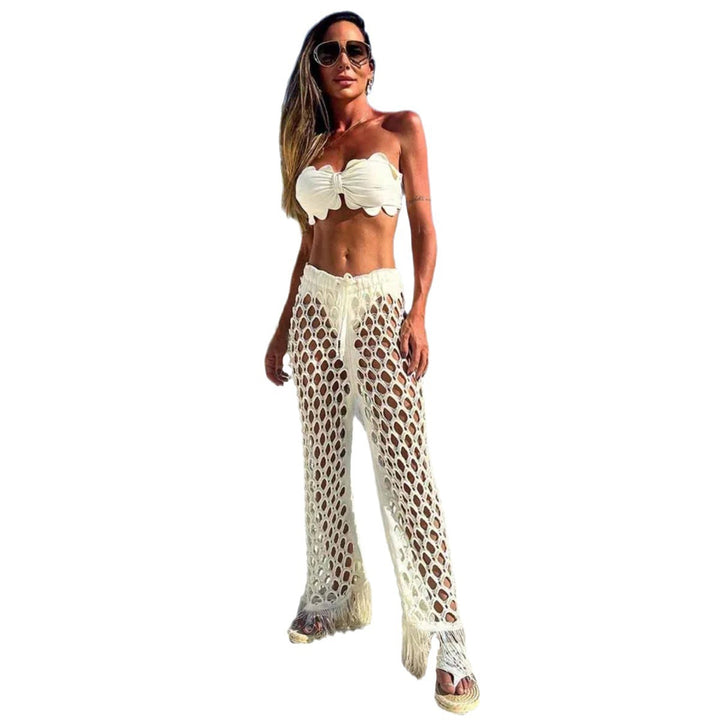 Dame elegant strandoutfit med hæklede bukser og bandeau top Stilla