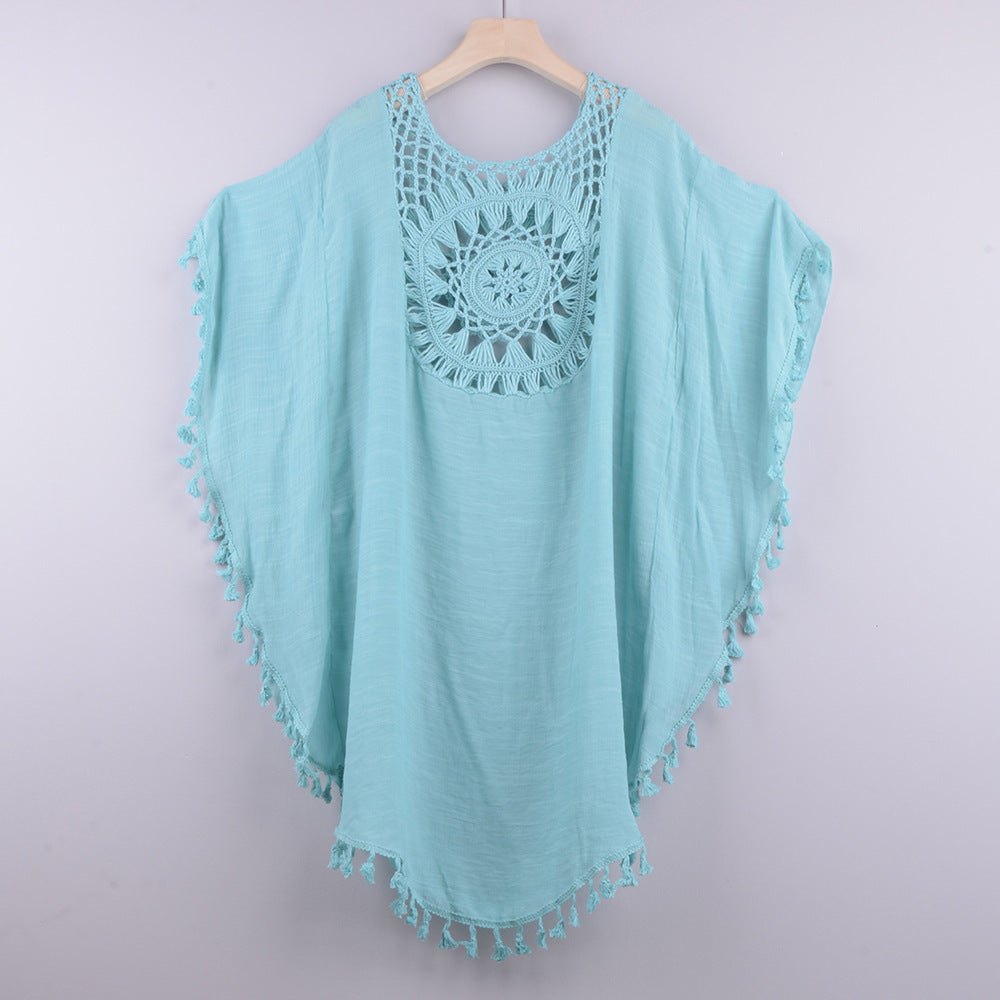 Dame Strandponcho med dekorativt hækle mønster og frynser Stilla