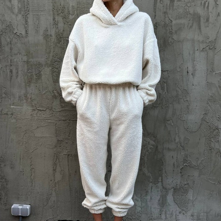 Kvinders fleece lounge wear sæt med elastisk talje og høj krave