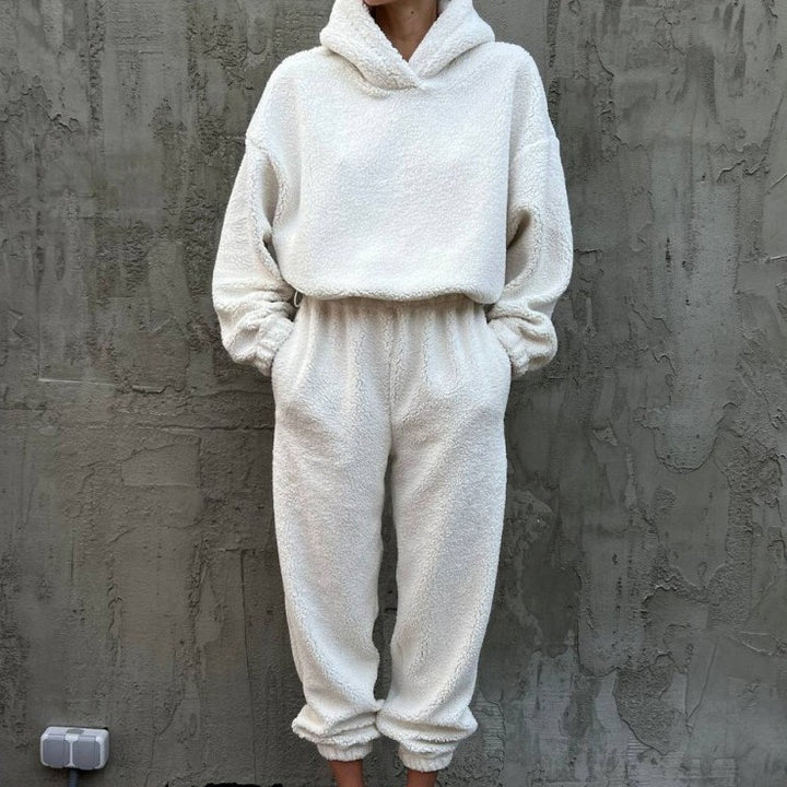 Kvinders fleece lounge wear sæt med elastisk talje og høj krave