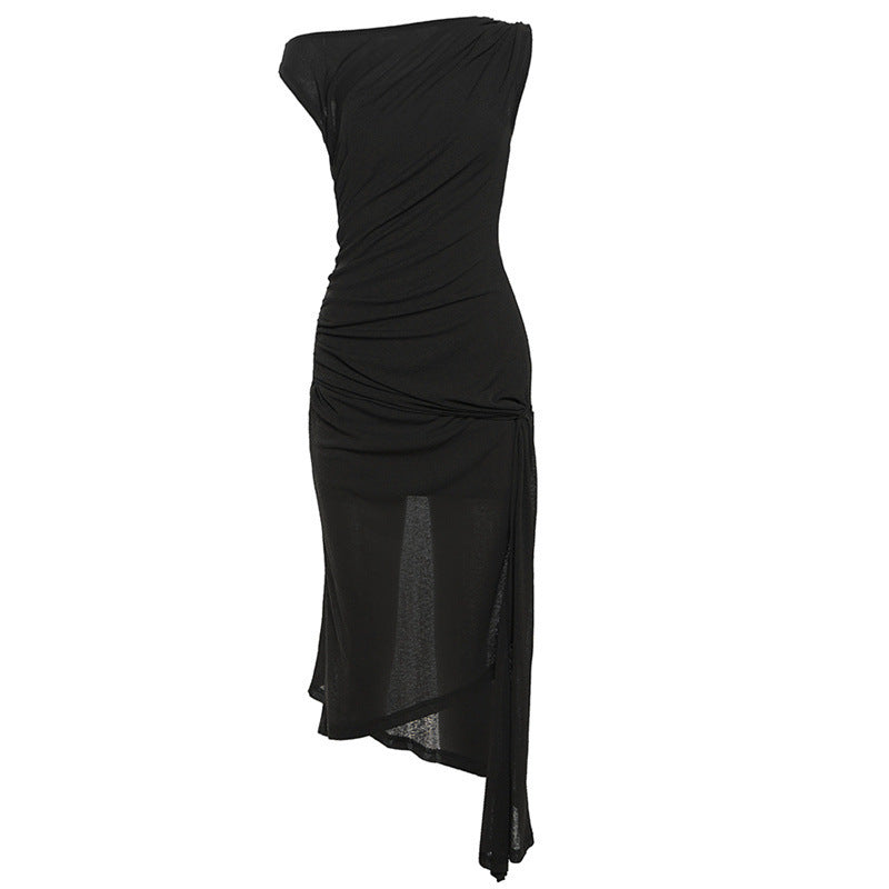 Dame asymmetrisk omslagskjole med elegant drapering og smal kant Stilla