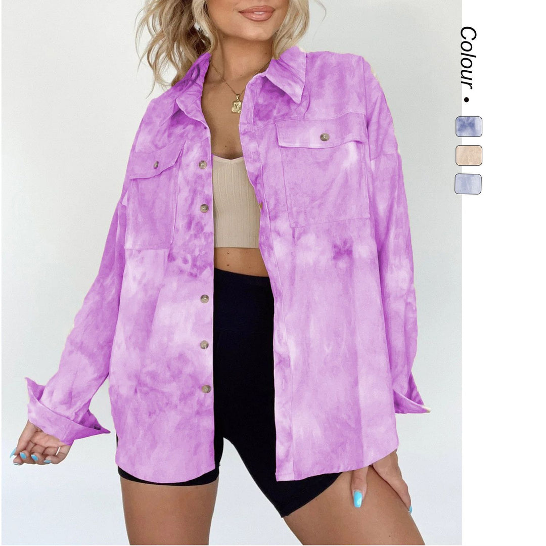 Women's Oversize Denim Shirt Jacket in Trendy Tie-Dye Design Skovae