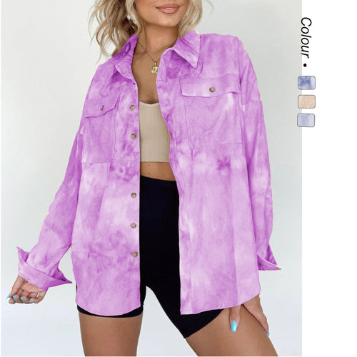 Women's Oversize Denim Shirt Jacket in Trendy Tie-Dye Design Skovae