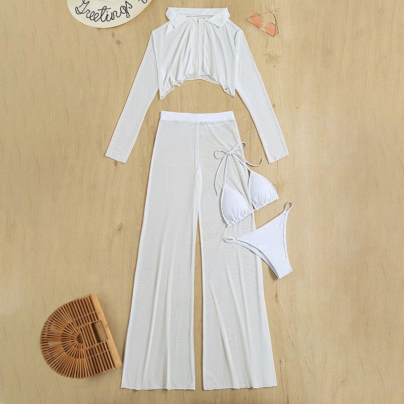 Dame Elegant Strand-outfit med gennemsigtigt top og vide bukser Stilla