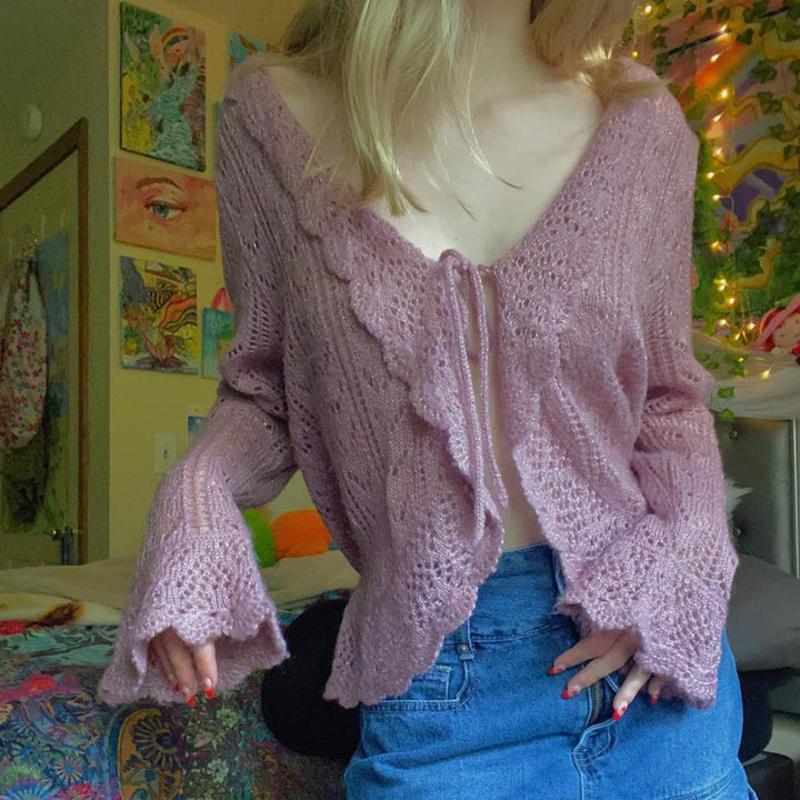 Dame hæklede cardigan med flæse detaljer Skovae