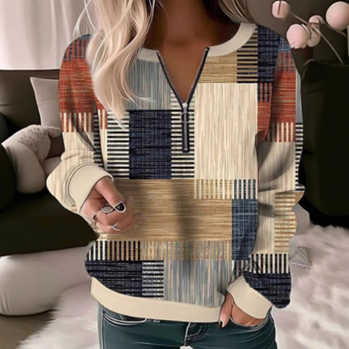 Kvinders sweatshirt med geometrisk grafisk design og høj krave lynlås Stilla